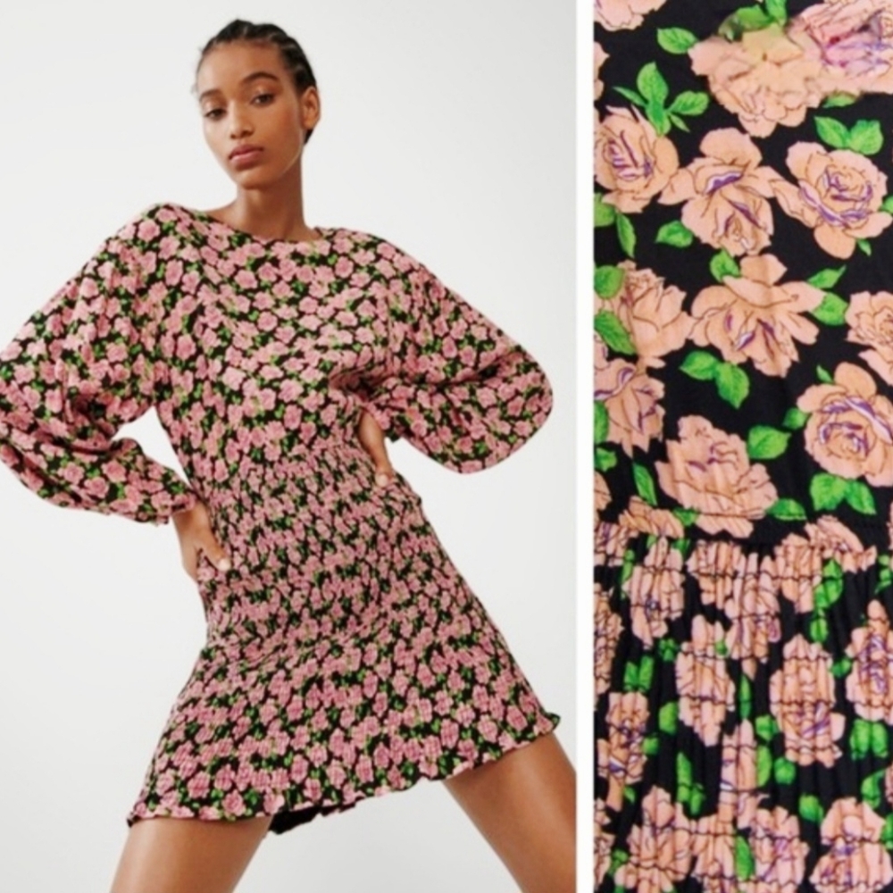 NWOT Zara Black Dress with Pink and Green Floral Pattern